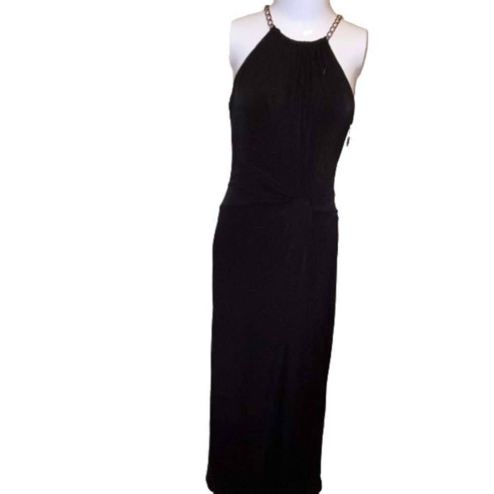 Black stretch Material Gown with Gold neck